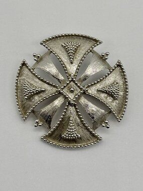 Vintage Monet Maltese Cross Etruscan Revival Brooch Silver-Tone Beaded Detailing